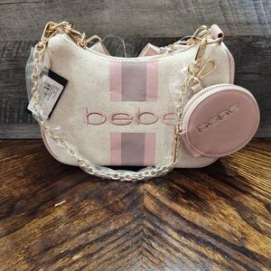 NWT Bebe Canvas Mini Shoulder Bag w/ Gold Chain & Coin Pouch Blush Pink